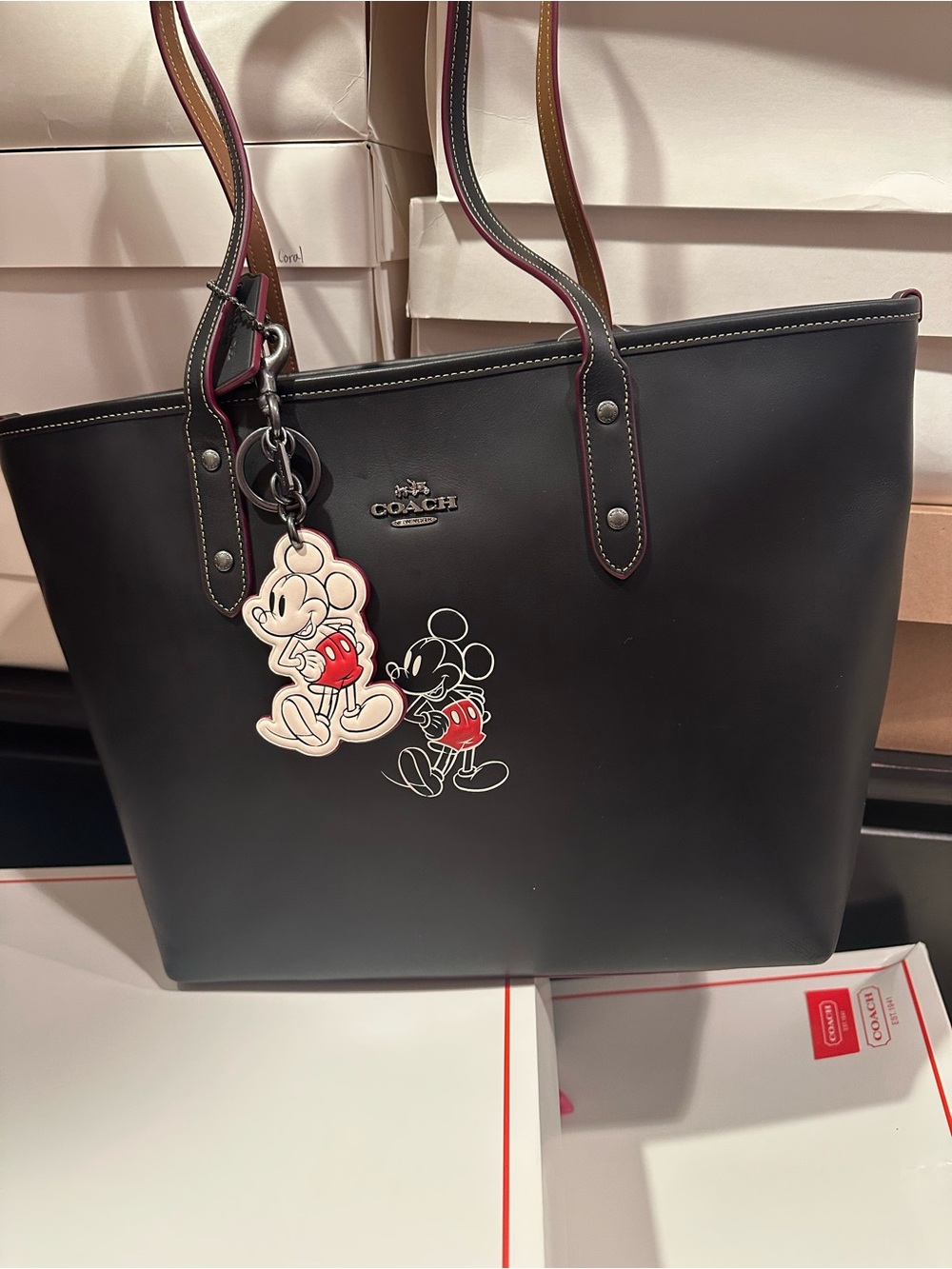Coach Black Leather Tote with Mickey Character Charm